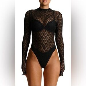 Naked Wardrobe Women’s Mock Neck Long Sleeve Lace Bodysuit